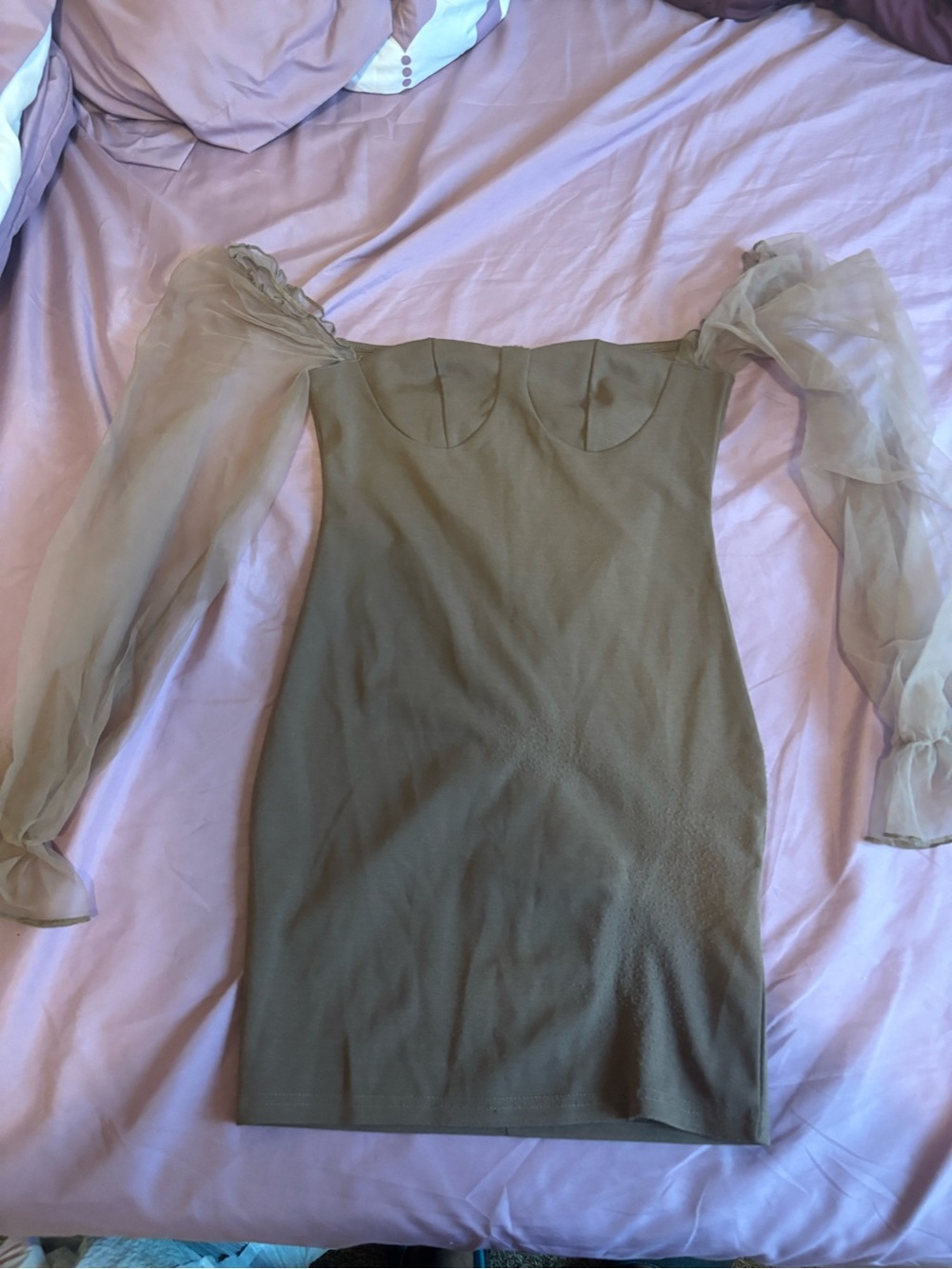 SHEIN Olive Off-the-Shoulder Mini Dress with Sheer Puffy Sleeves
